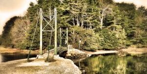 A serene river flows beneath a picturesque bridge, embraced by lush trees and shimmering water.