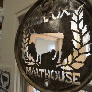 metal cut out logo of the blue ox malthouse