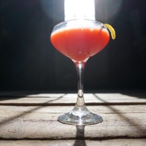 image of a pink cocktail in the sun with a lemon garnish on the side
